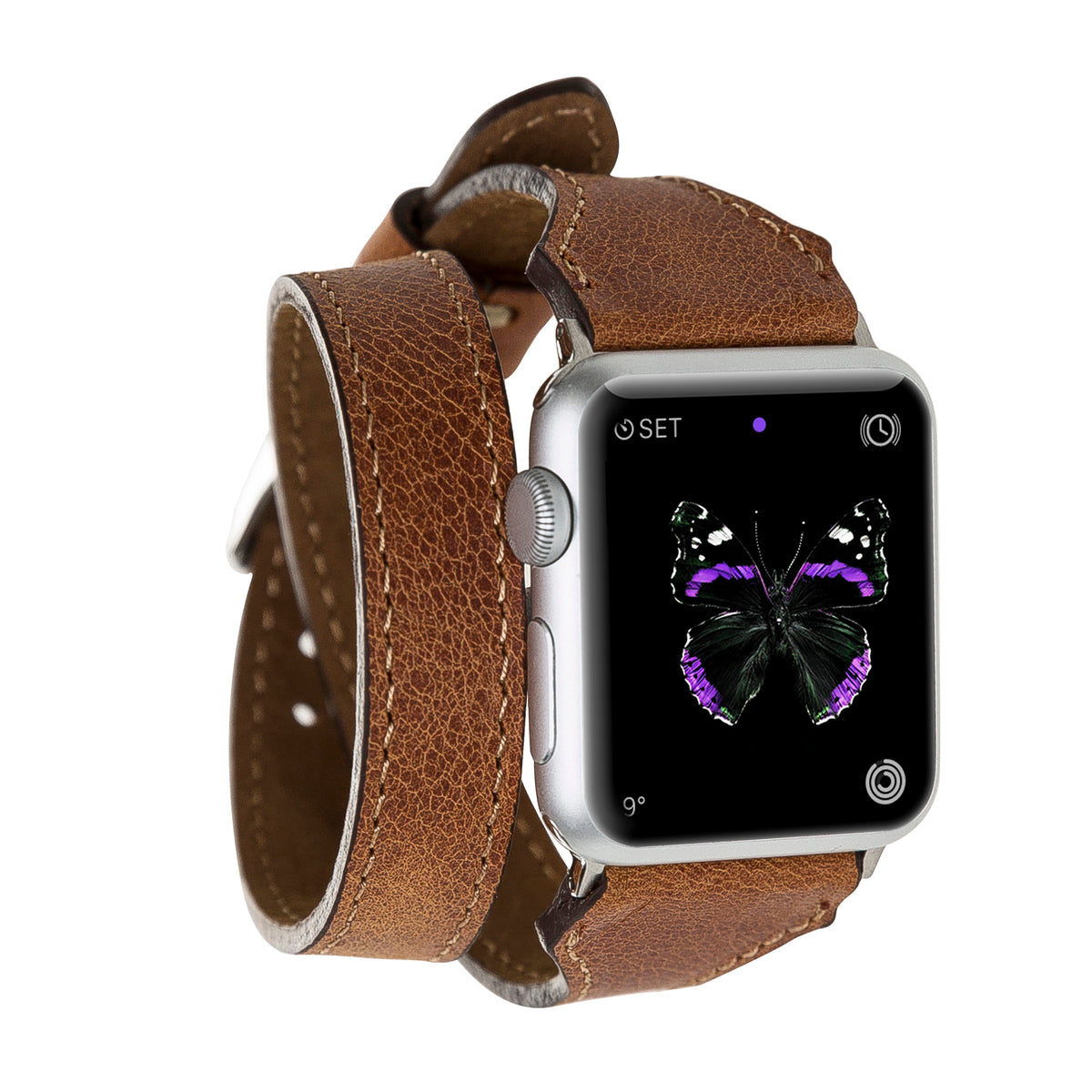 An Apple Watch with a brown genuine leather double wrap watch band displayed on a white background.