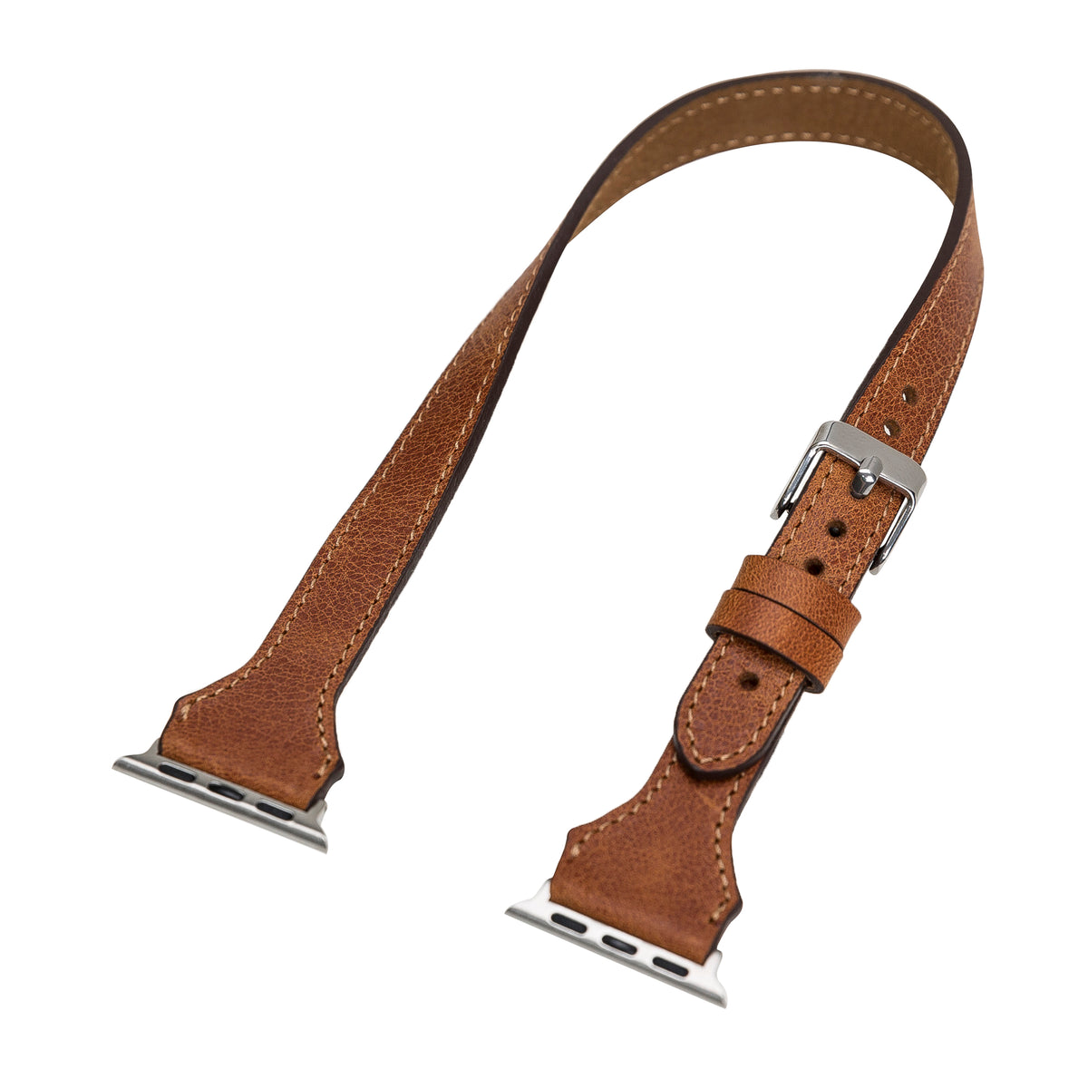 Brown leather watch strap with silver buckle on a white background