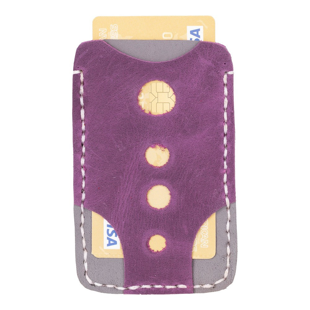 Purple cardholder with two cards inside on a white background