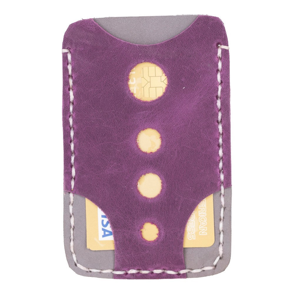 Purple and gray card holder with embedded cards on a white background