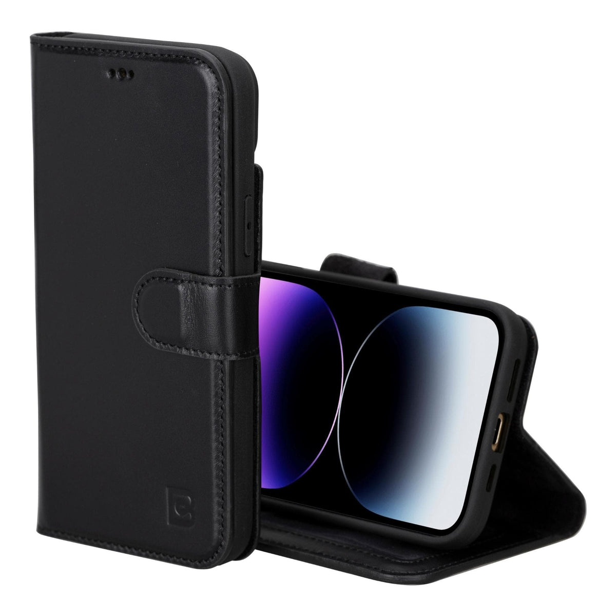 A black iPhone 15 case made of genuine leather, displayed open to show the interior with card slots and a compartment for banknotes.
